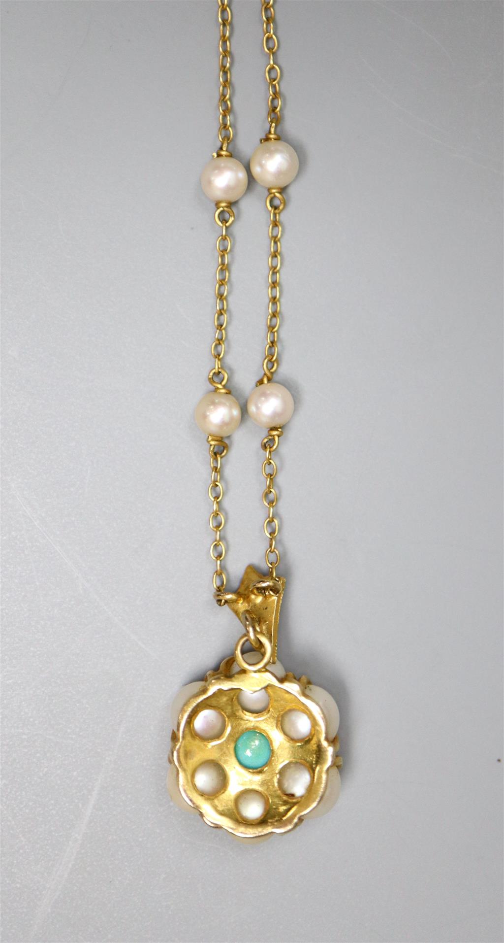 An early 20th century, yellow metal, cultured pearl and turquoise flower head cluster drop pendant necklace,